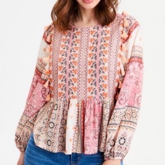 American Eagle Outfitters Tops - American Eagle Pink Peach Tassel Complimentary Floral Print Boho Peasant Blouse